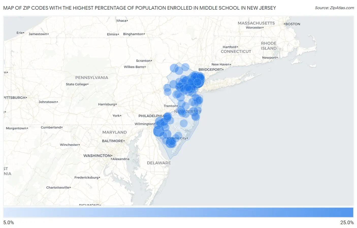 Zip Codes with the Highest Percentage of Population Enrolled in Middle School in New Jersey Map