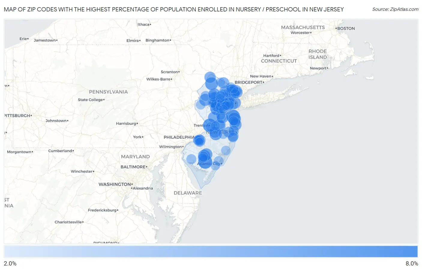 Zip Codes with the Highest Percentage of Population Enrolled in Nursery / Preschool in New Jersey Map