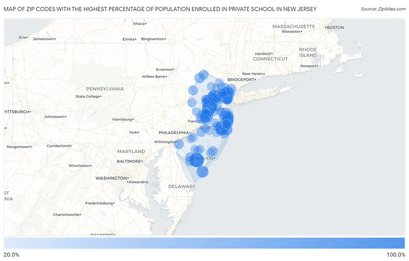 Zip Codes with the Highest Percentage of Population Enrolled in Private School in New Jersey Map