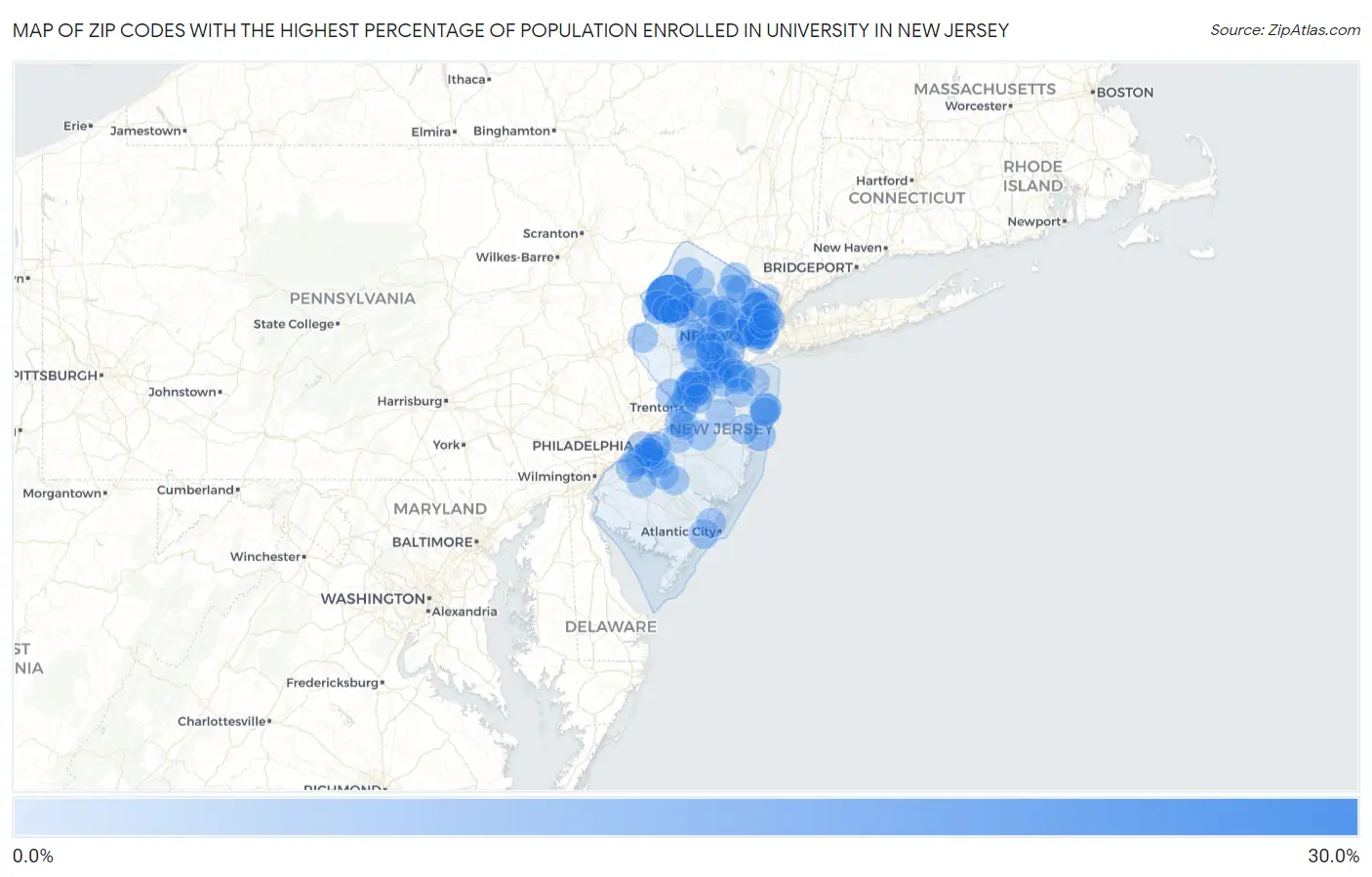 Zip Codes with the Highest Percentage of Population Enrolled in University in New Jersey Map