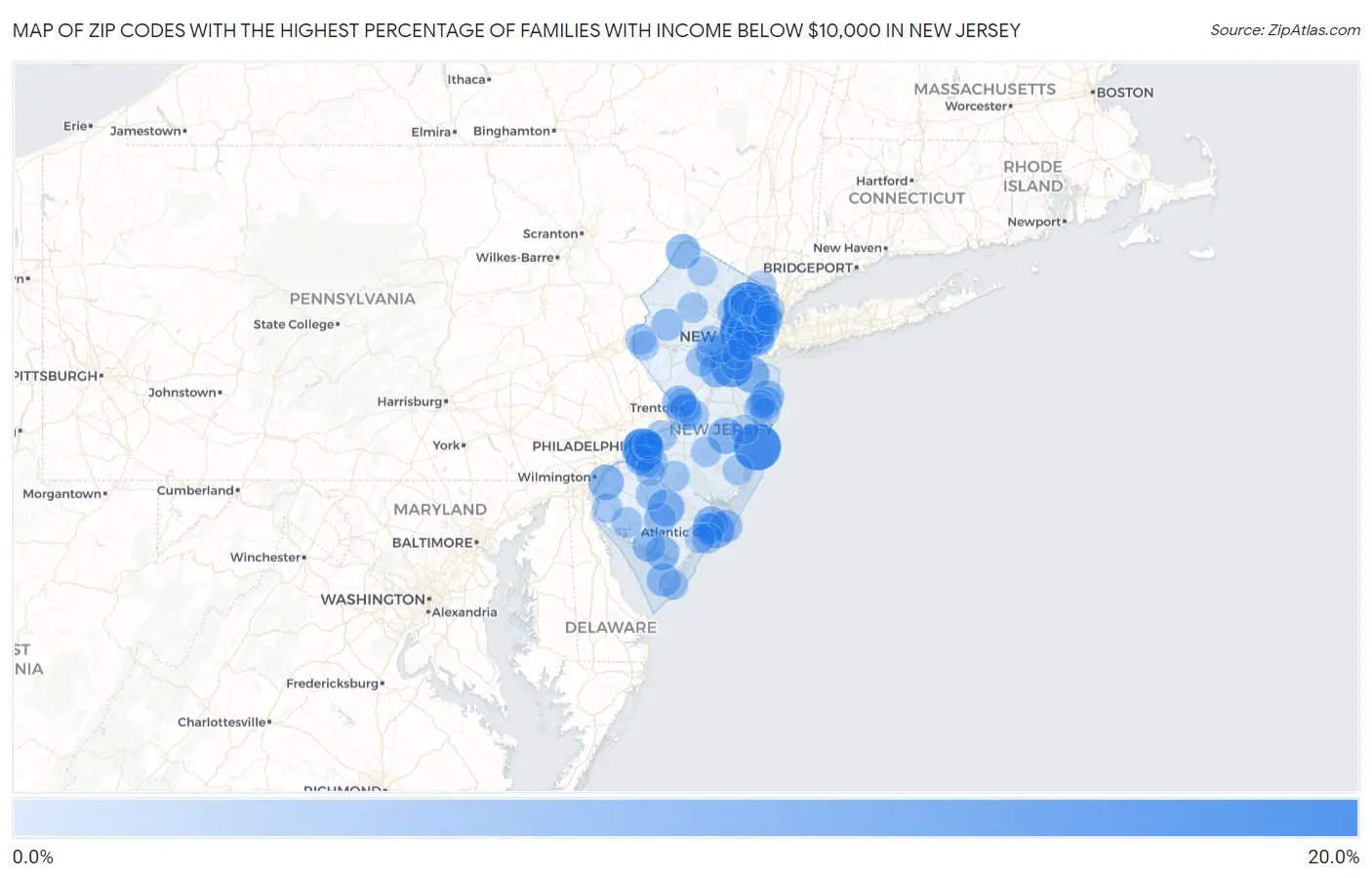 Zip Codes with the Highest Percentage of Families with Income Below $10,000 in New Jersey Map