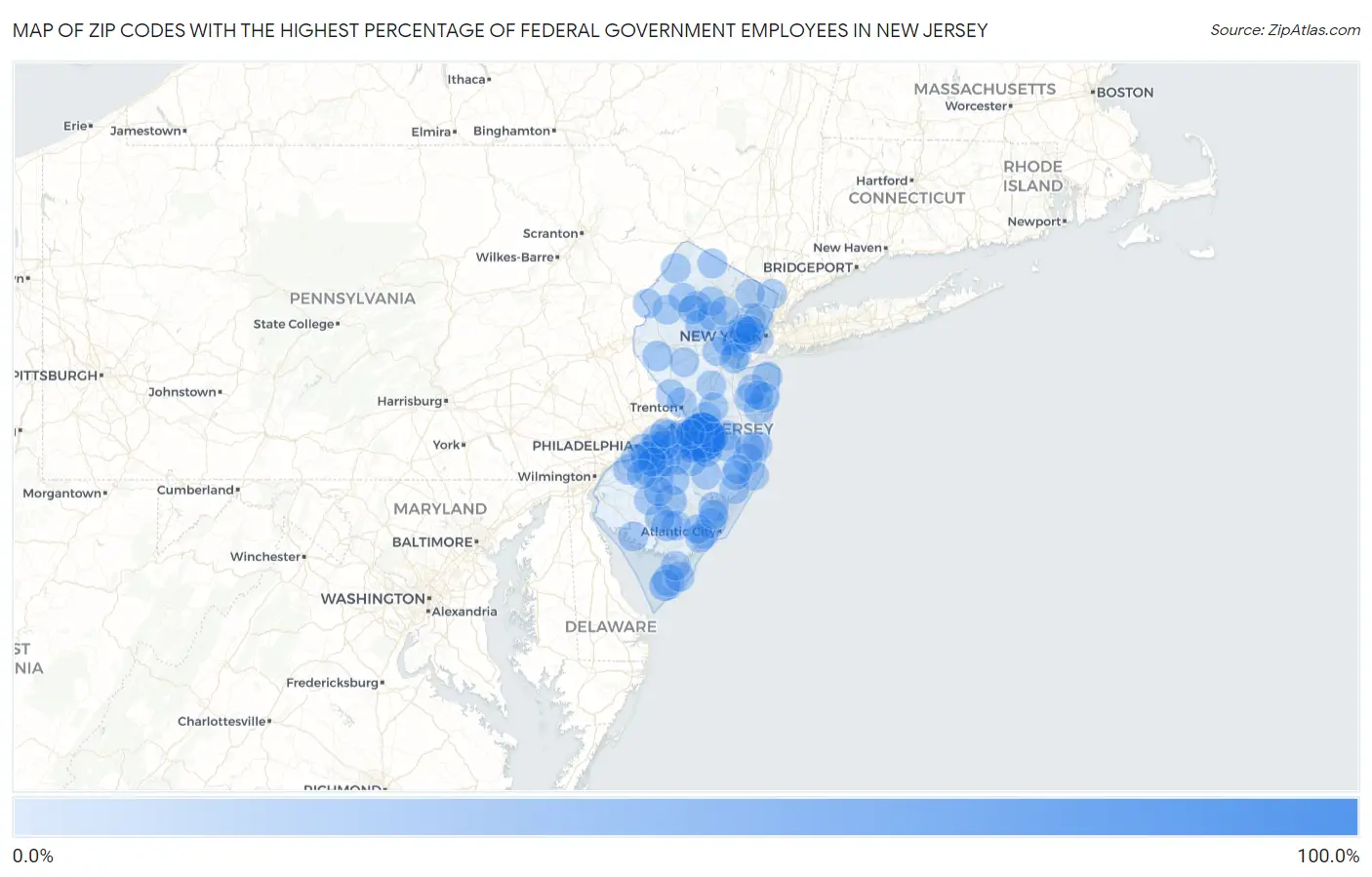 Zip Codes with the Highest Percentage of Federal Government Employees in New Jersey Map