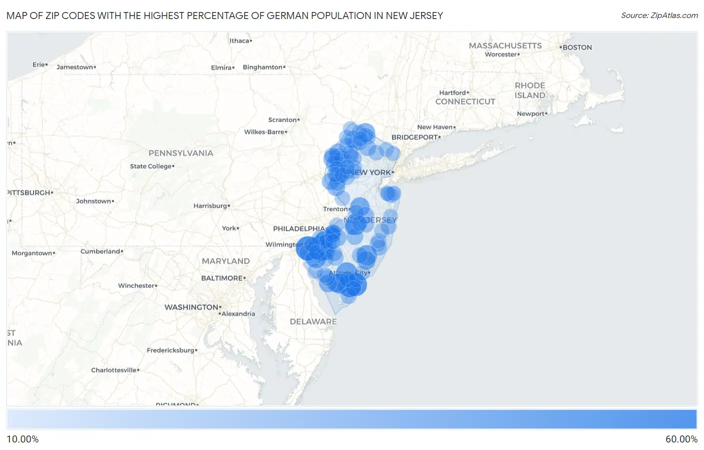 Zip Codes with the Highest Percentage of German Population in New Jersey Map