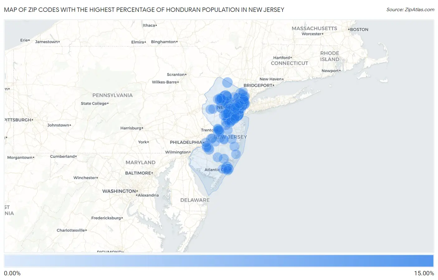 Zip Codes with the Highest Percentage of Honduran Population in New Jersey Map