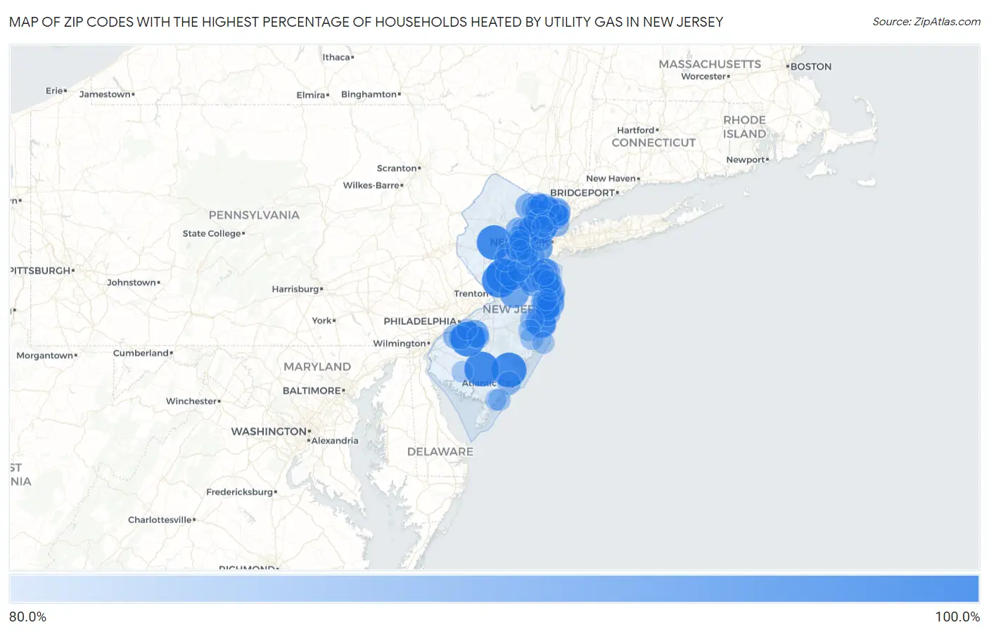 Zip Codes with the Highest Percentage of Households Heated by Utility Gas in New Jersey Map