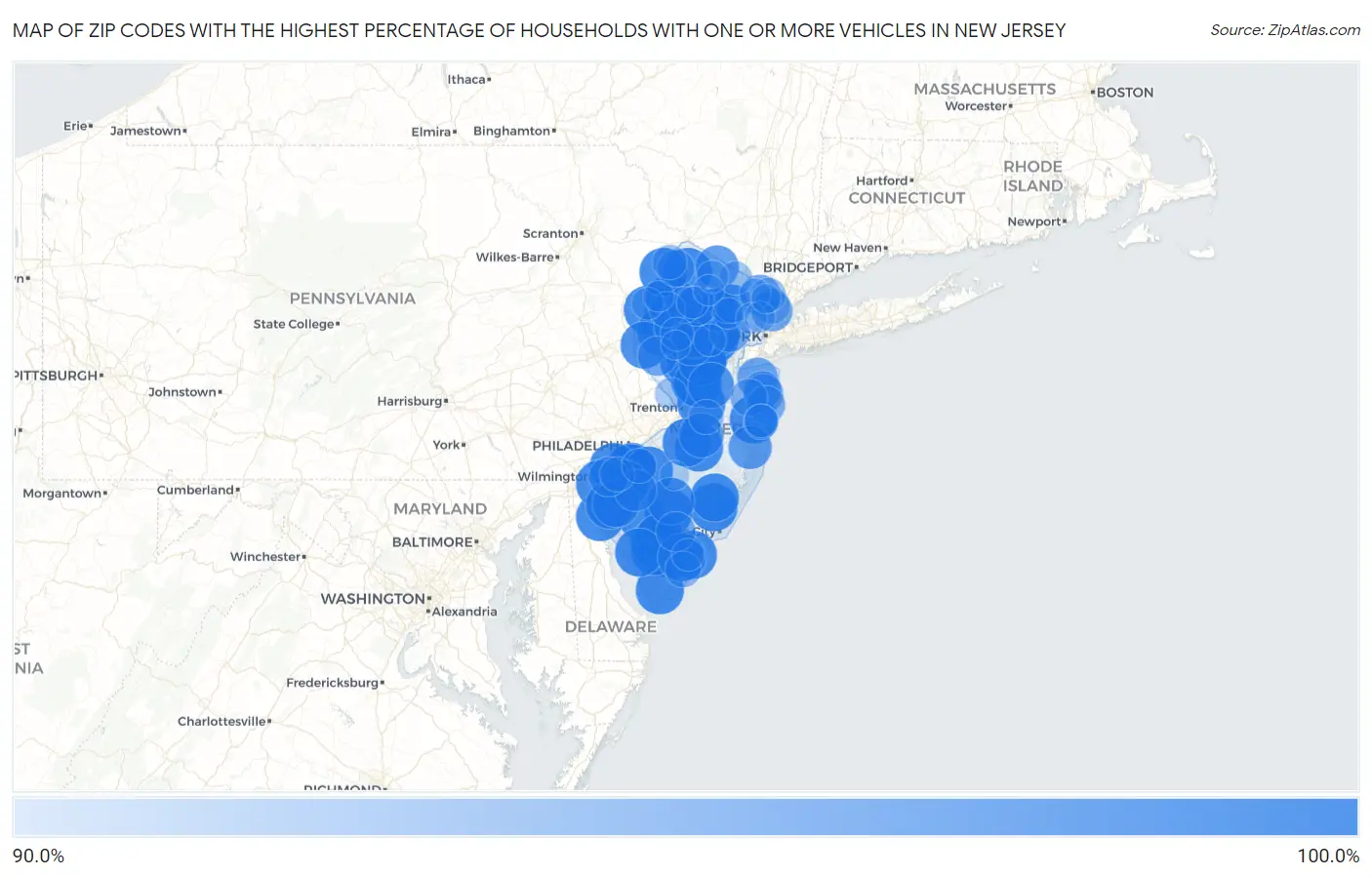 Zip Codes with the Highest Percentage of Households With One or more Vehicles in New Jersey Map