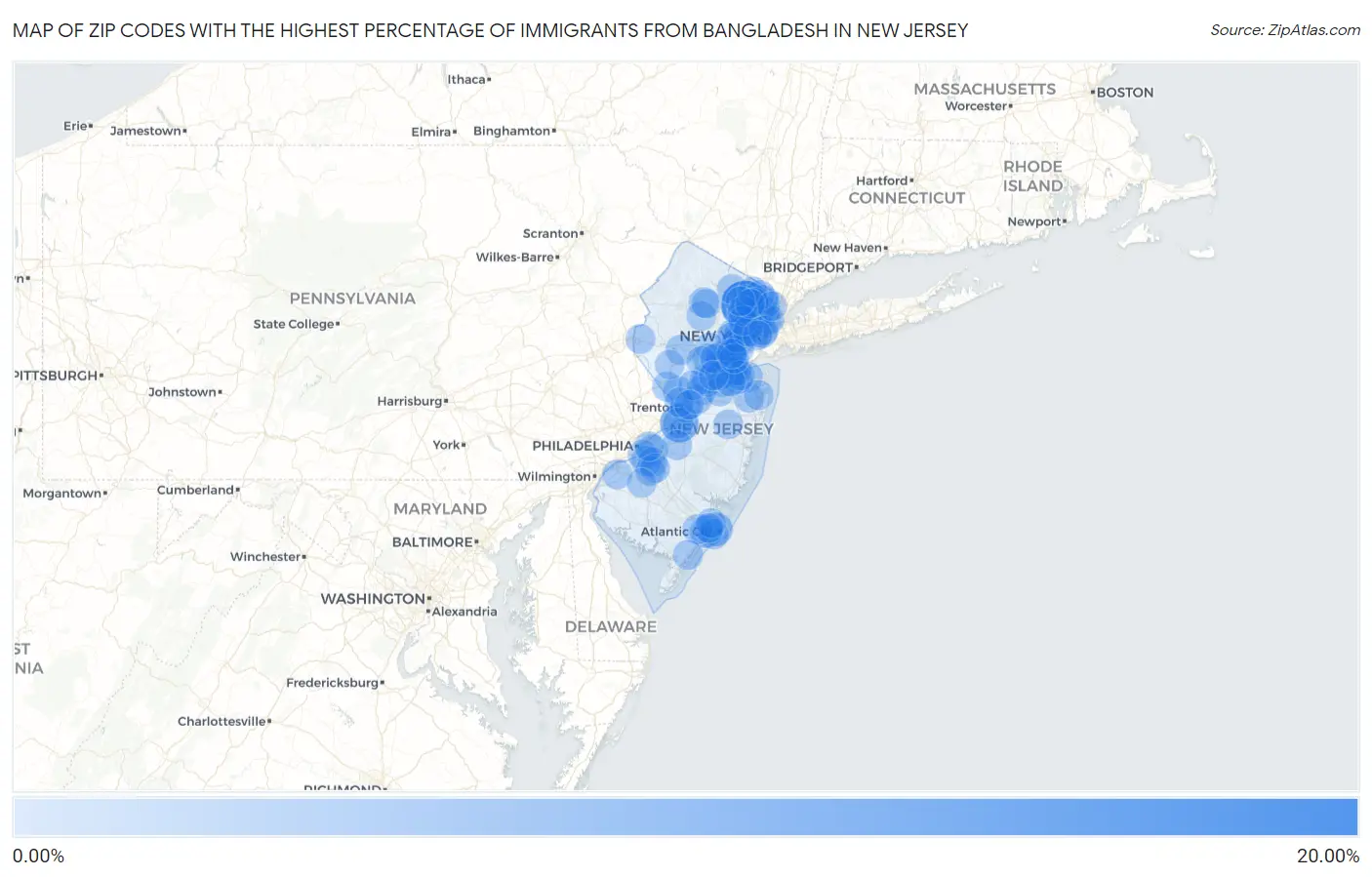 Zip Codes with the Highest Percentage of Immigrants from Bangladesh in New Jersey Map