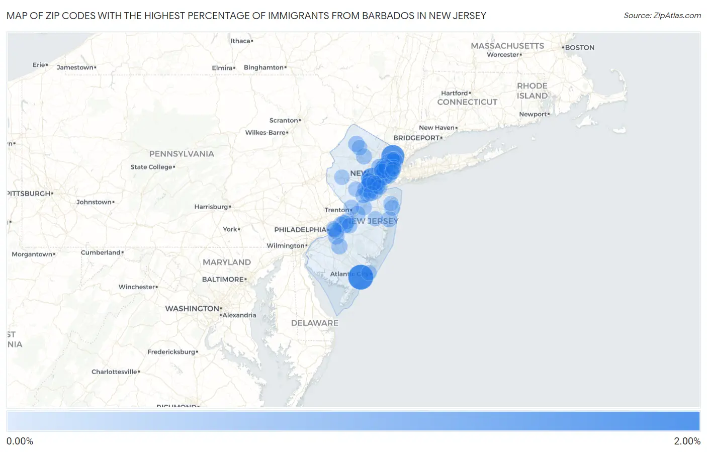 Zip Codes with the Highest Percentage of Immigrants from Barbados in New Jersey Map