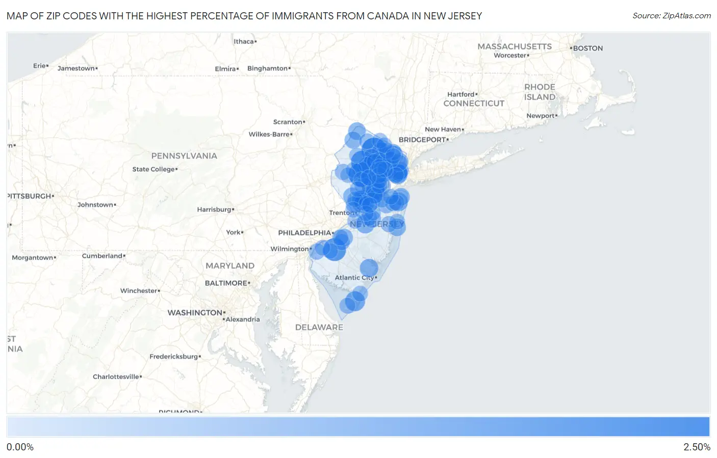 Zip Codes with the Highest Percentage of Immigrants from Canada in New Jersey Map