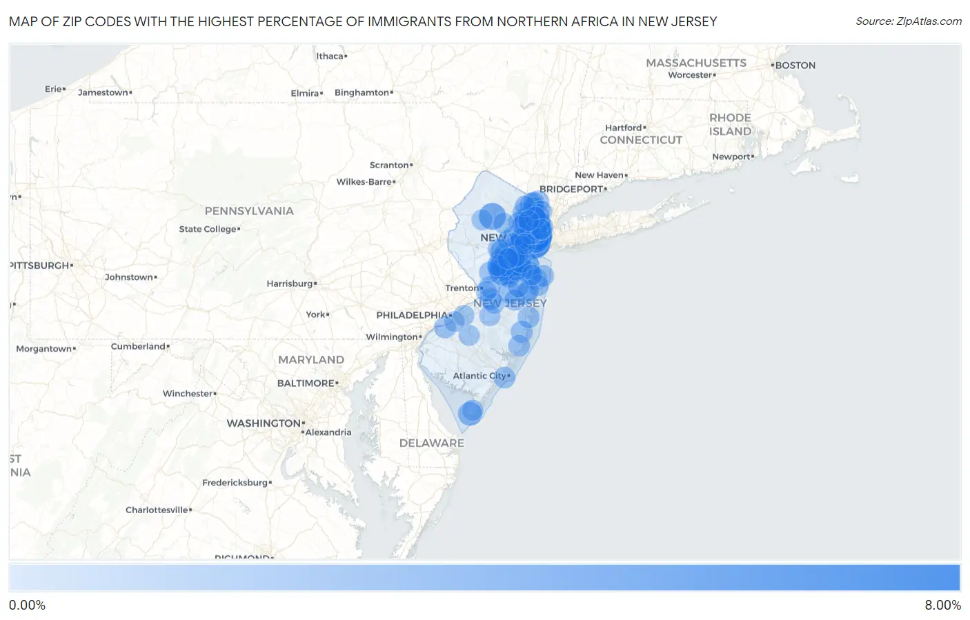 Zip Codes with the Highest Percentage of Immigrants from Northern Africa in New Jersey Map