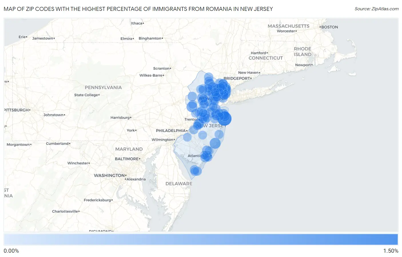 Zip Codes with the Highest Percentage of Immigrants from Romania in New Jersey Map