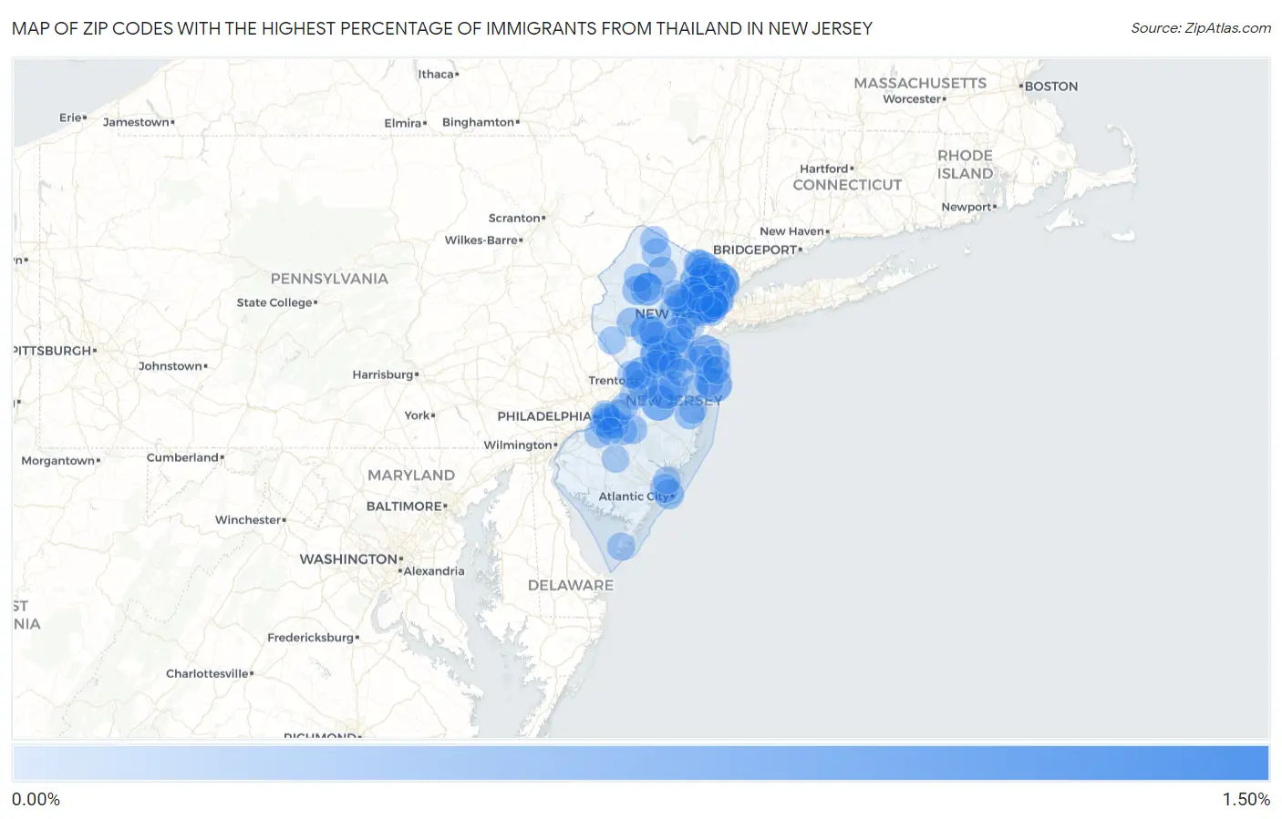 Zip Codes with the Highest Percentage of Immigrants from Thailand in New Jersey Map