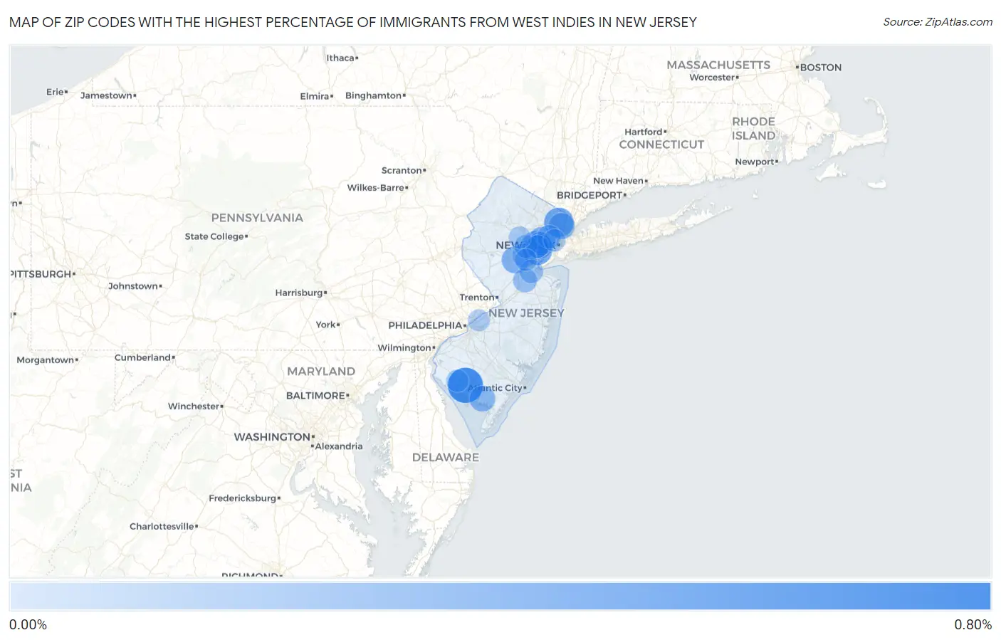 Zip Codes with the Highest Percentage of Immigrants from West Indies in New Jersey Map