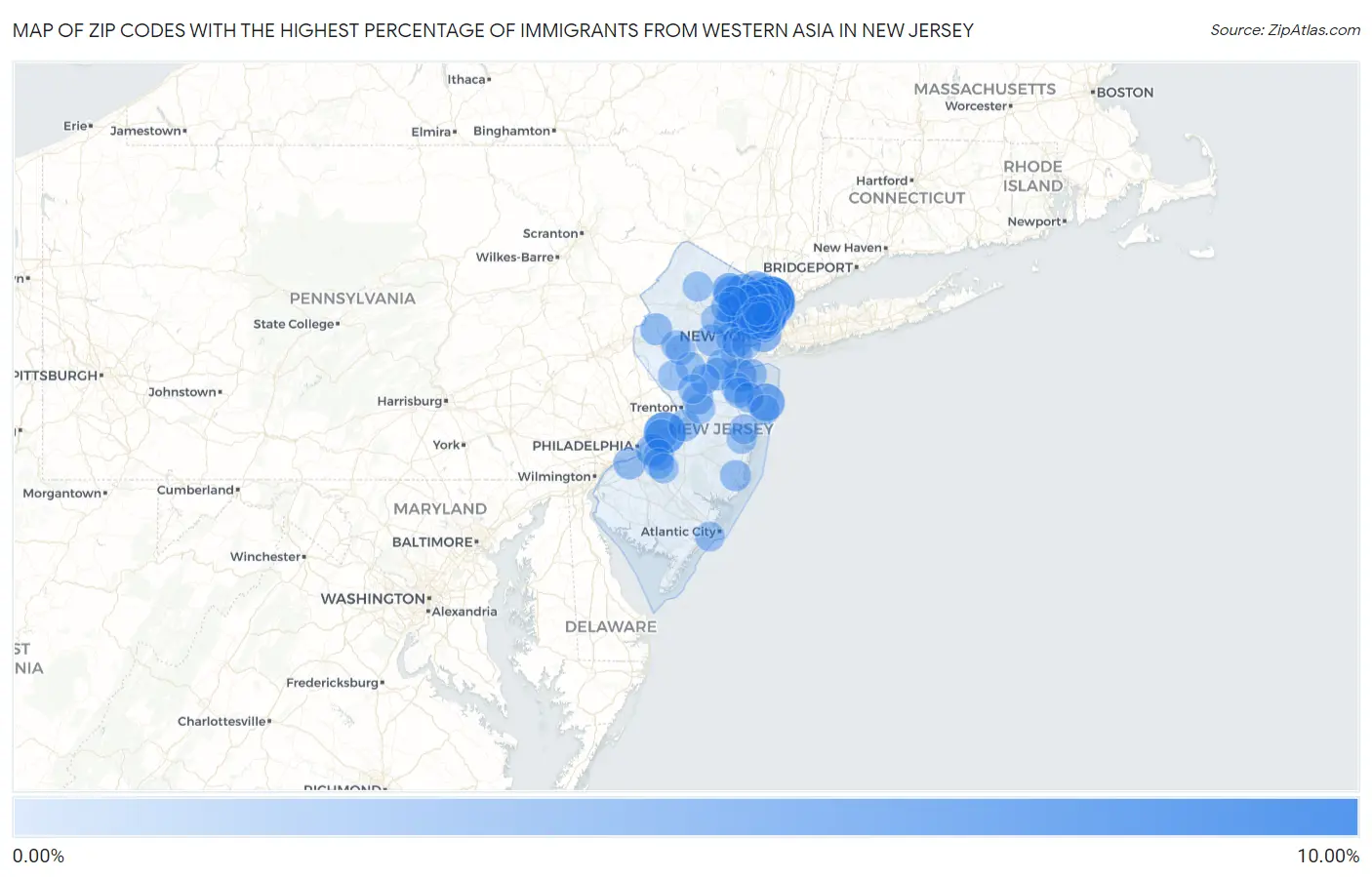 Zip Codes with the Highest Percentage of Immigrants from Western Asia in New Jersey Map