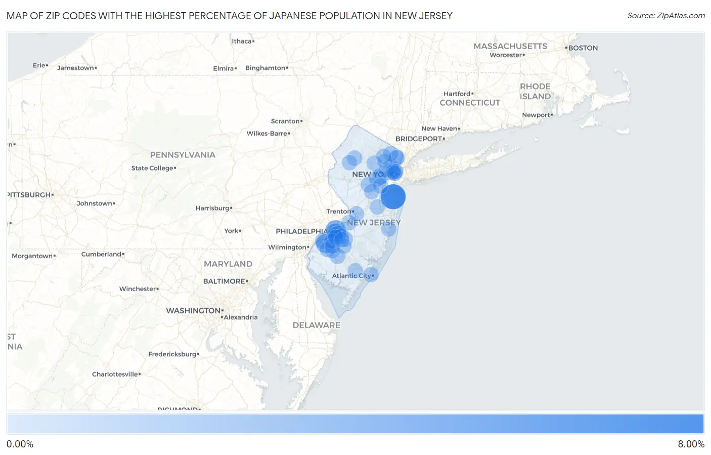 Zip Codes with the Highest Percentage of Japanese Population in New Jersey Map