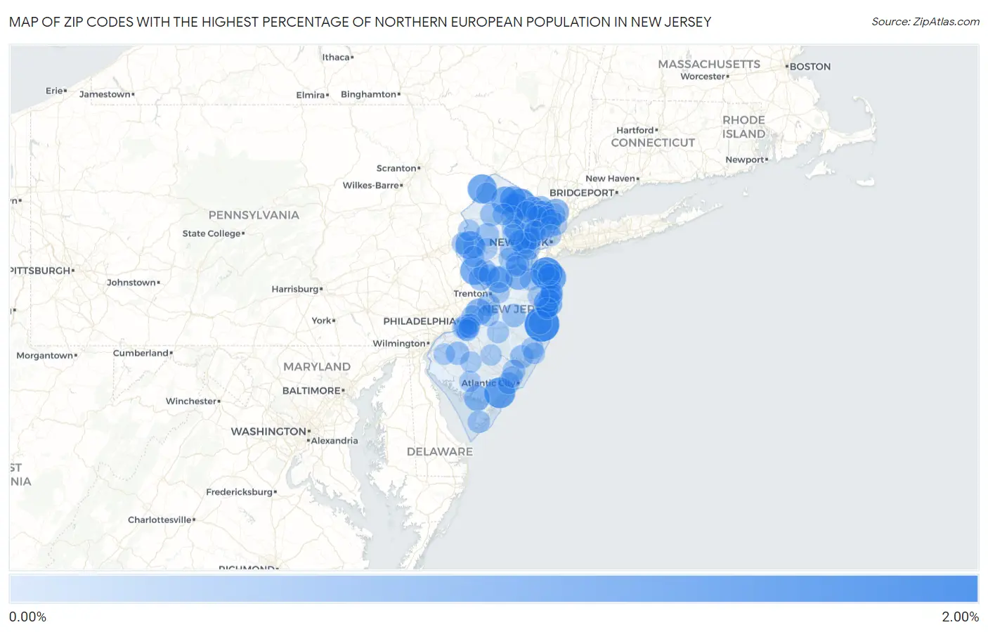 Zip Codes with the Highest Percentage of Northern European Population in New Jersey Map