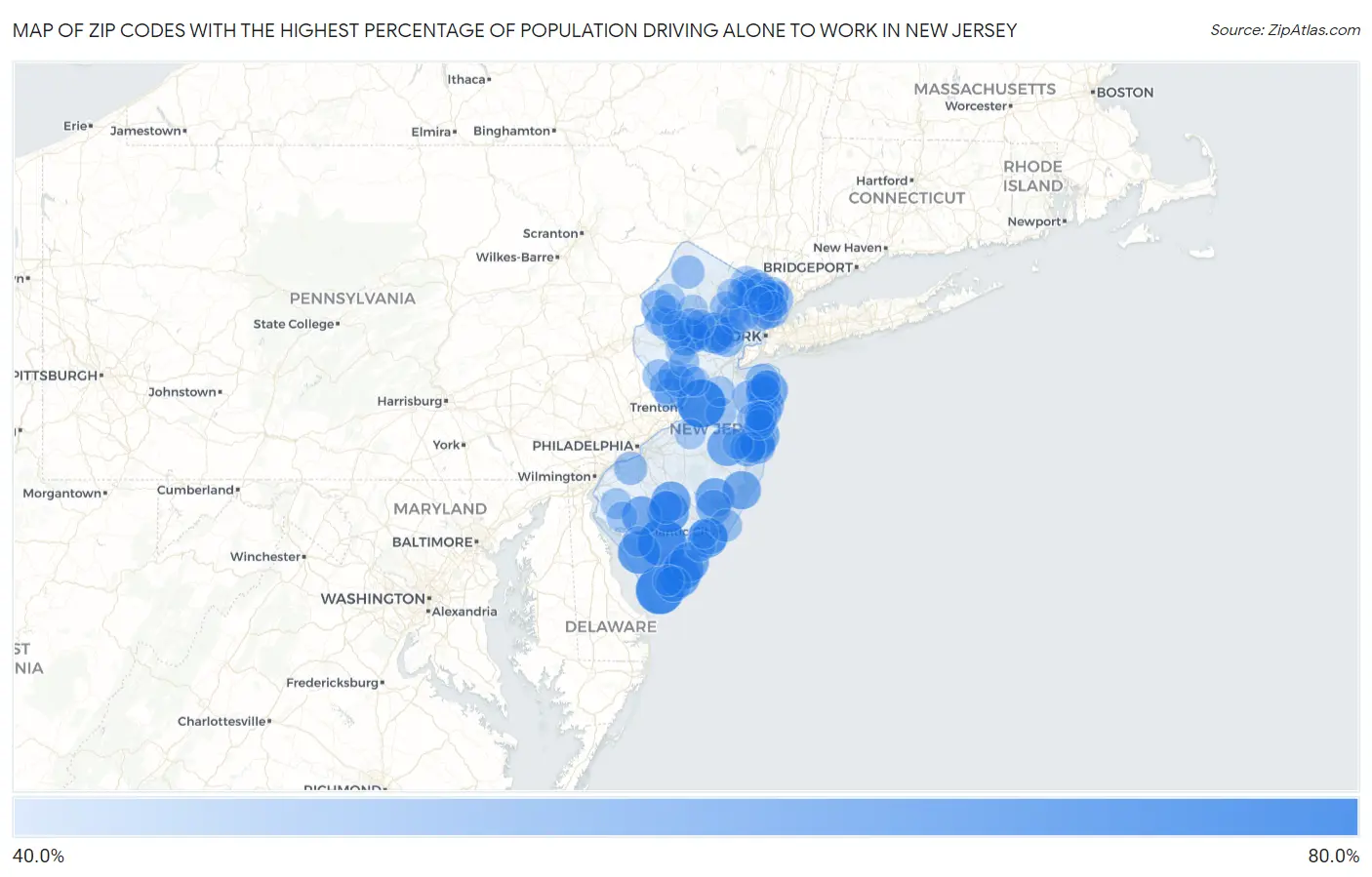 Zip Codes with the Highest Percentage of Population Driving Alone to Work in New Jersey Map