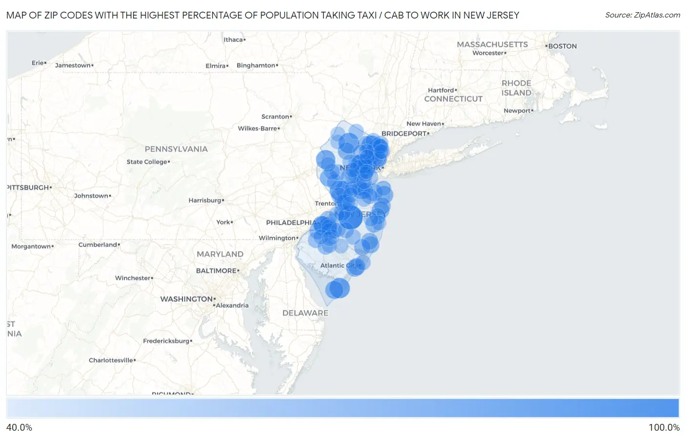 Zip Codes with the Highest Percentage of Population Taking Taxi / Cab to Work in New Jersey Map
