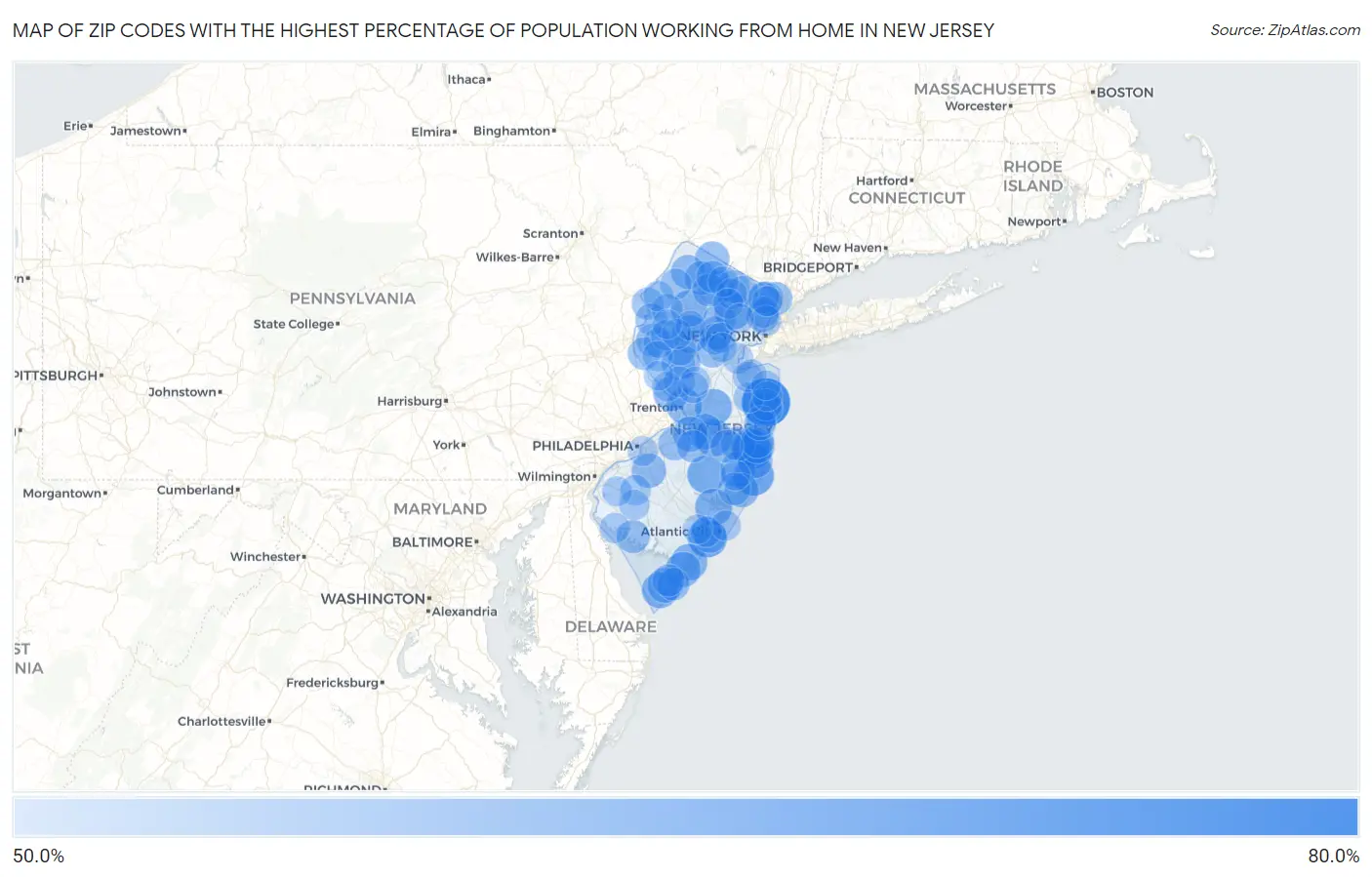 Zip Codes with the Highest Percentage of Population Working from Home in New Jersey Map