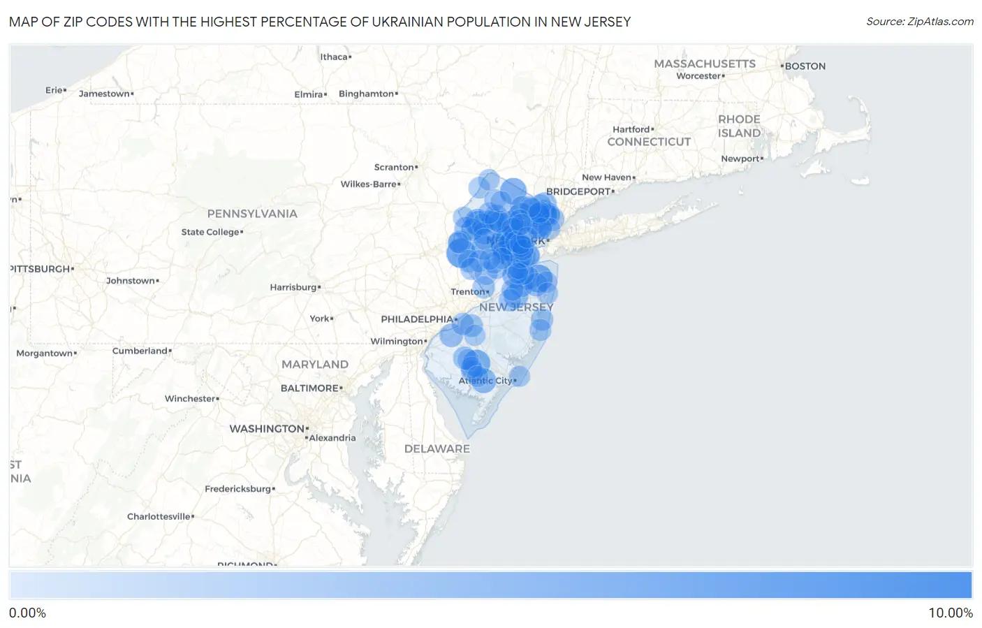 Zip Codes with the Highest Percentage of Ukrainian Population in New Jersey Map