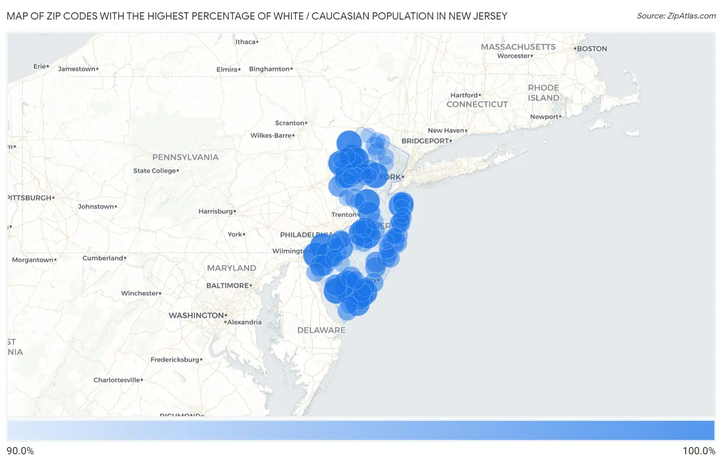 Zip Codes with the Highest Percentage of White / Caucasian Population in New Jersey Map