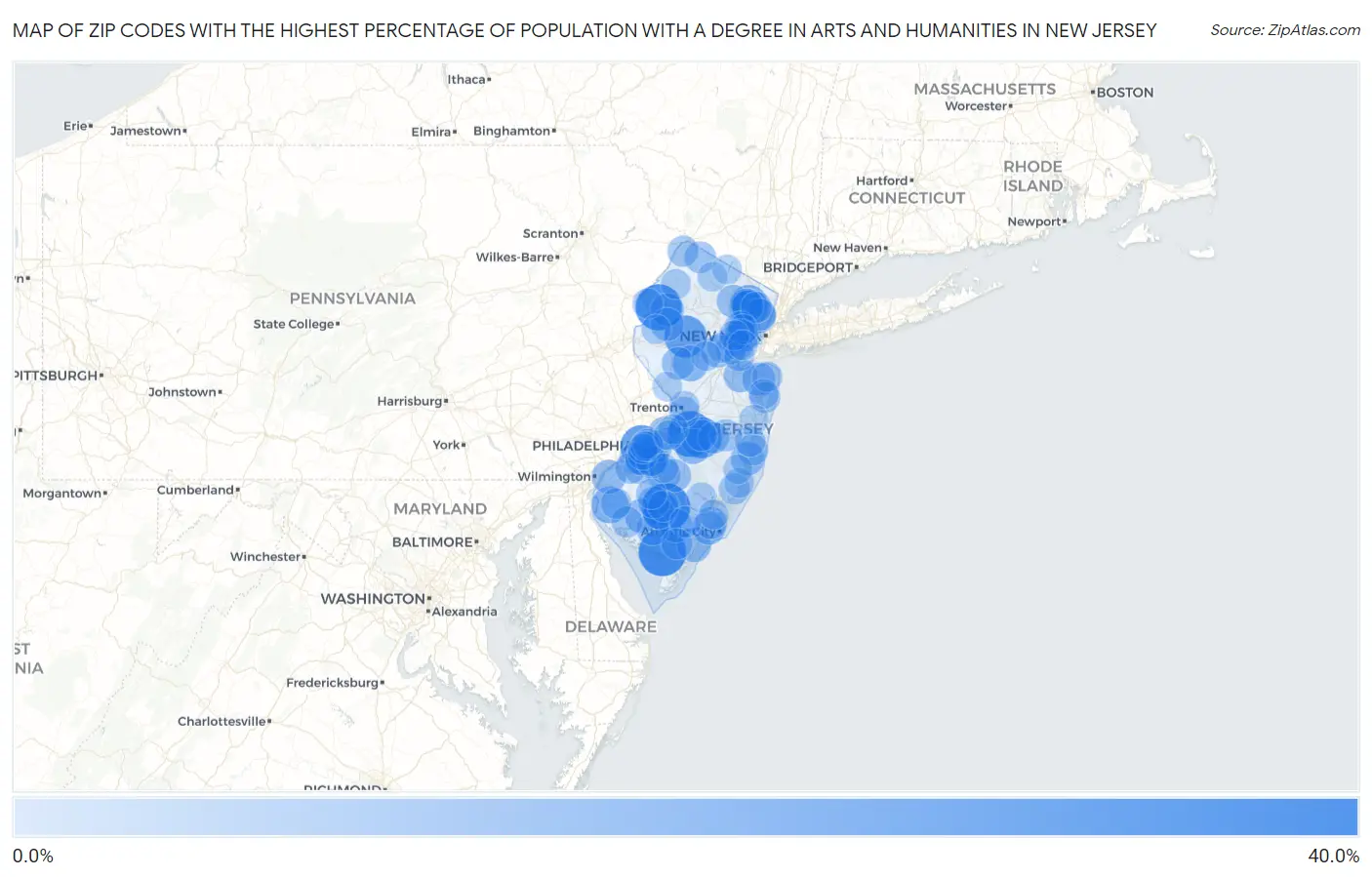 Zip Codes with the Highest Percentage of Population with a Degree in Arts and Humanities in New Jersey Map
