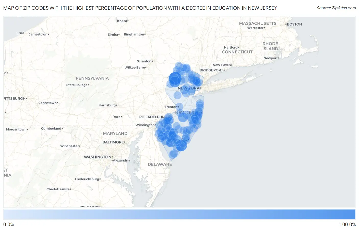 Zip Codes with the Highest Percentage of Population with a Degree in Education in New Jersey Map