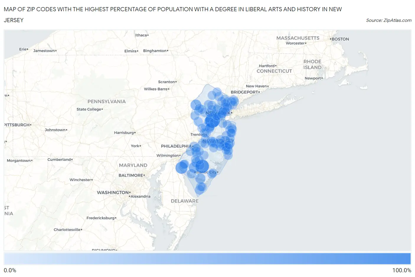 Zip Codes with the Highest Percentage of Population with a Degree in Liberal Arts and History in New Jersey Map