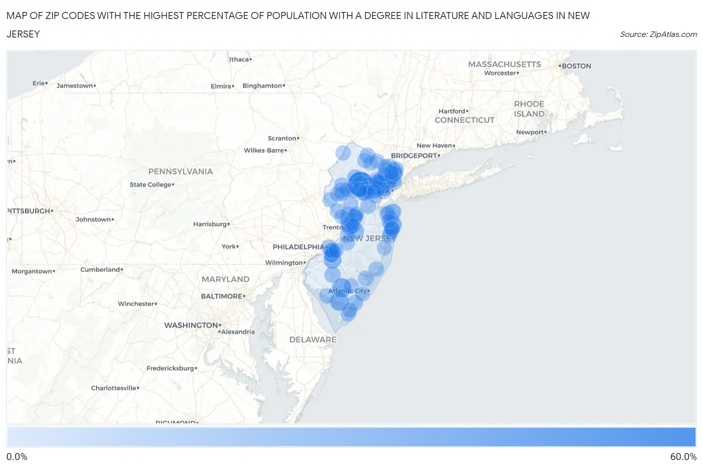 Zip Codes with the Highest Percentage of Population with a Degree in Literature and Languages in New Jersey Map