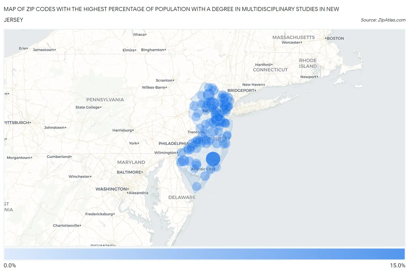 Zip Codes with the Highest Percentage of Population with a Degree in Multidisciplinary Studies in New Jersey Map