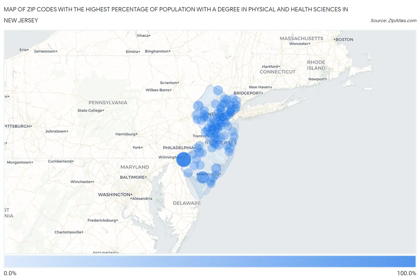 Zip Codes with the Highest Percentage of Population with a Degree in Physical and Health Sciences in New Jersey Map