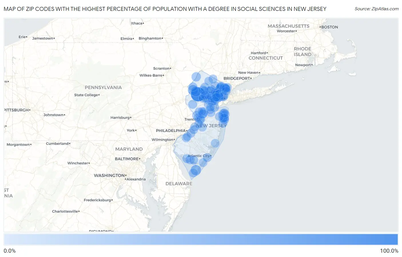 Zip Codes with the Highest Percentage of Population with a Degree in Social Sciences in New Jersey Map