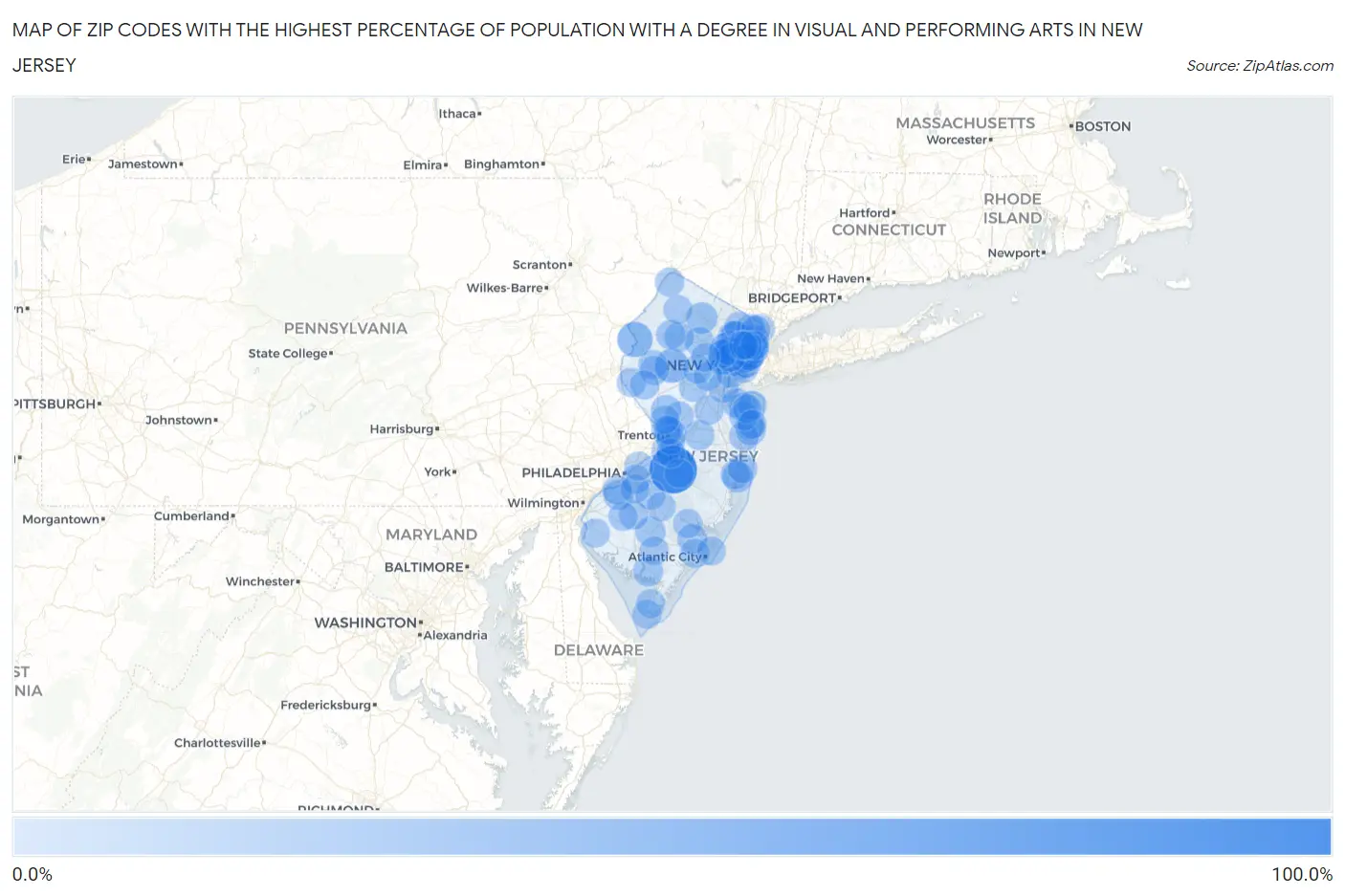 Zip Codes with the Highest Percentage of Population with a Degree in Visual and Performing Arts in New Jersey Map