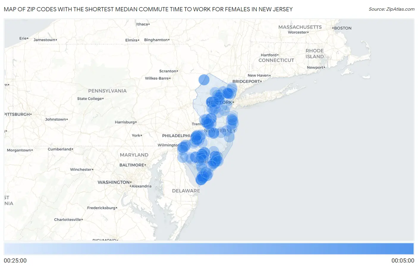 Zip Codes with the Shortest Median Commute Time to Work for Females in New Jersey Map