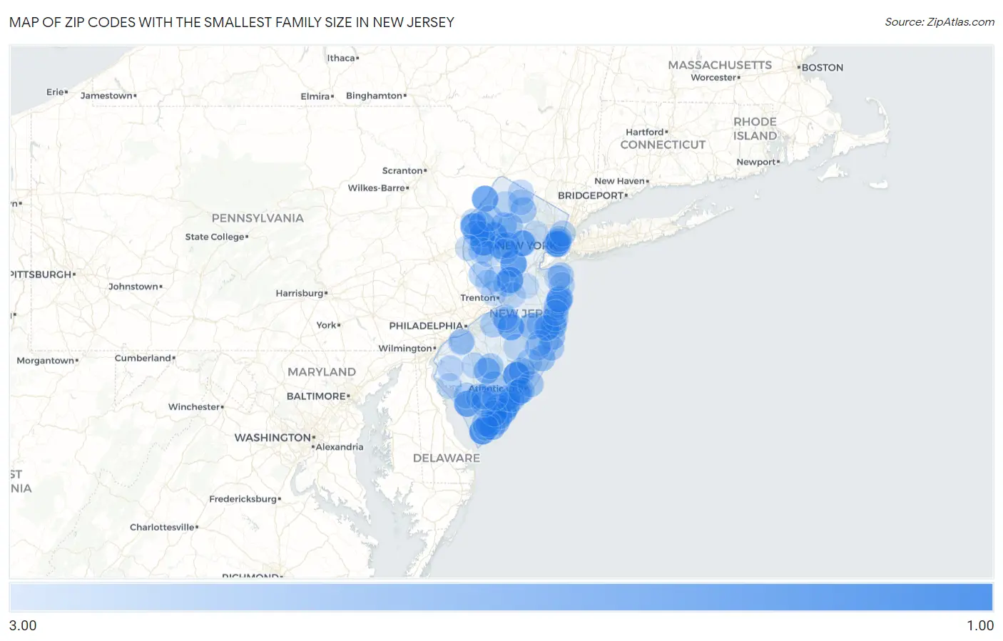 Zip Codes with the Smallest Family Size in New Jersey Map