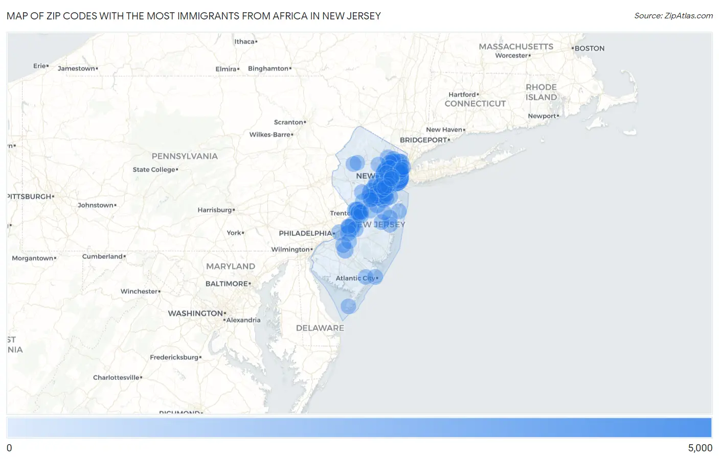 Zip Codes with the Most Immigrants from Africa in New Jersey Map
