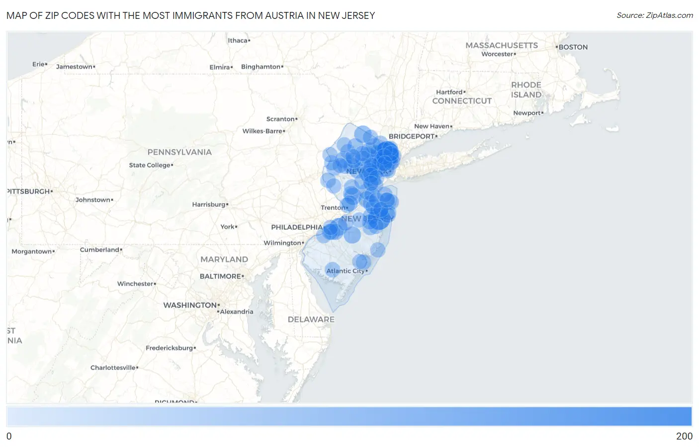 Zip Codes with the Most Immigrants from Austria in New Jersey Map