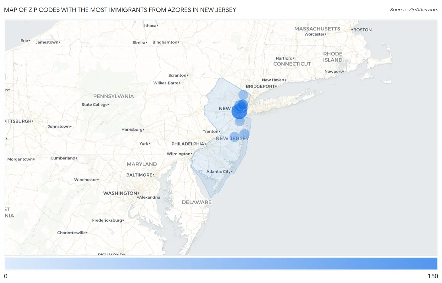 Zip Codes with the Most Immigrants from Azores in New Jersey Map