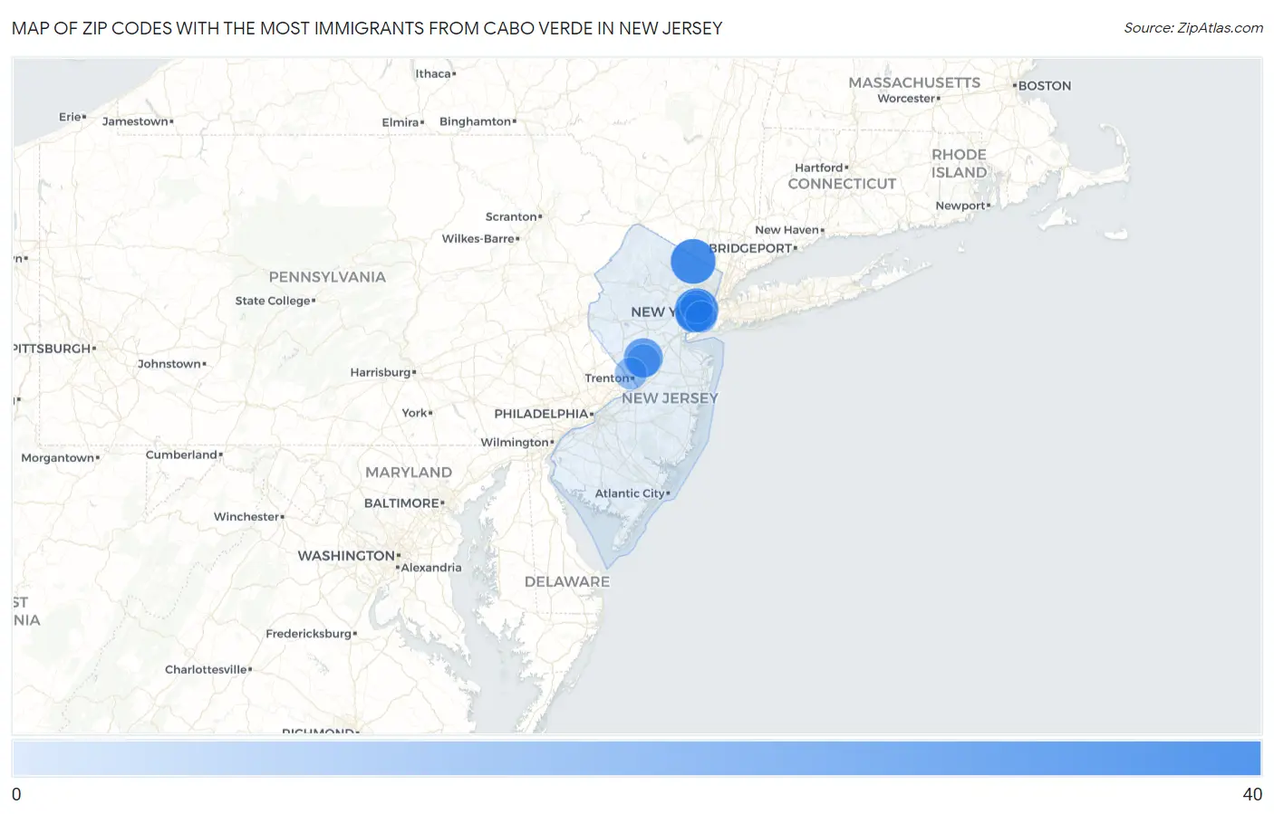 Zip Codes with the Most Immigrants from Cabo Verde in New Jersey Map