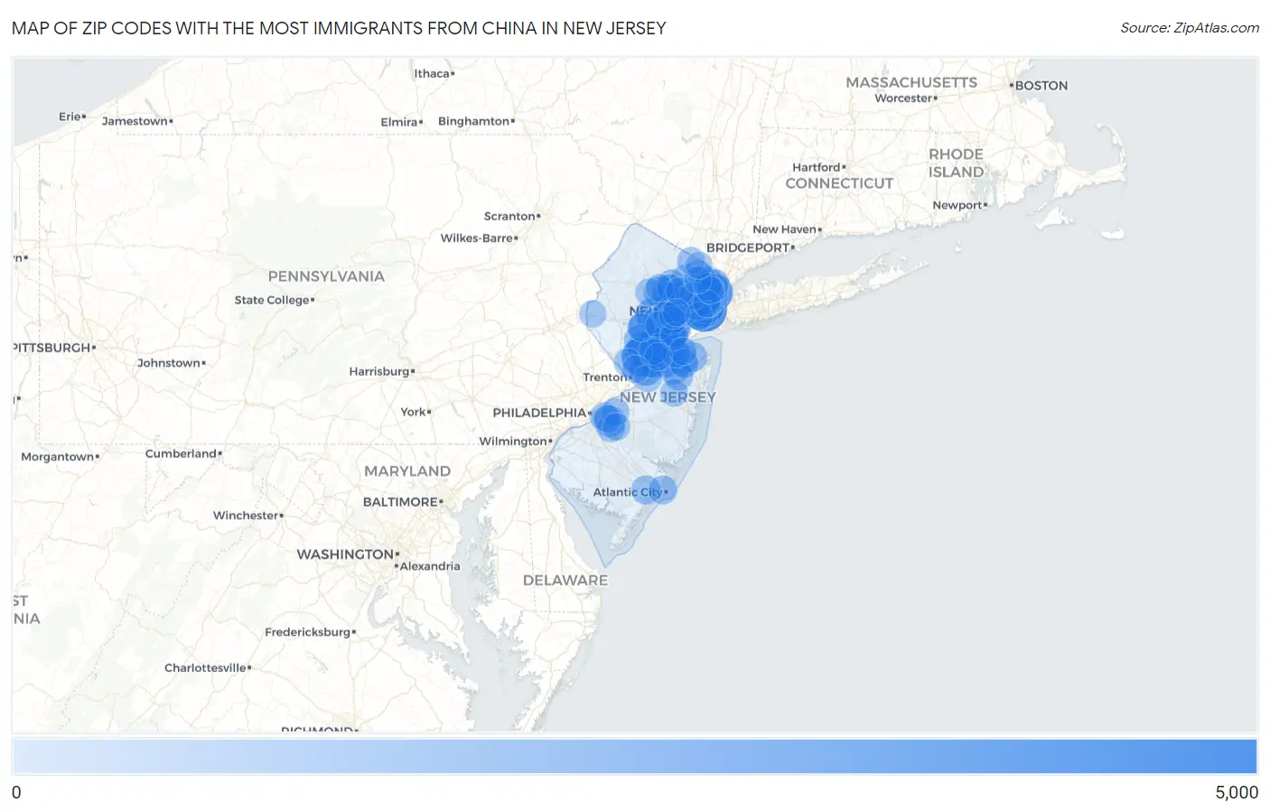 Zip Codes with the Most Immigrants from China in New Jersey Map