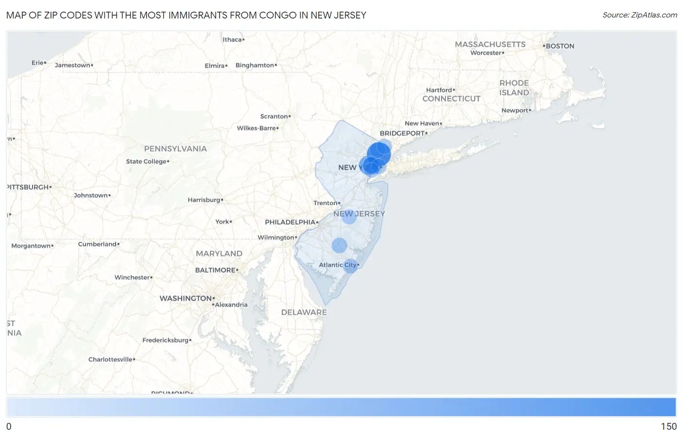 Zip Codes with the Most Immigrants from Congo in New Jersey Map