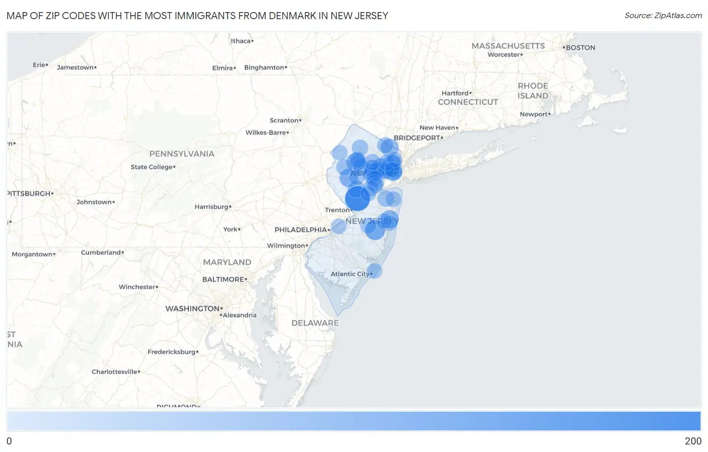 Zip Codes with the Most Immigrants from Denmark in New Jersey Map