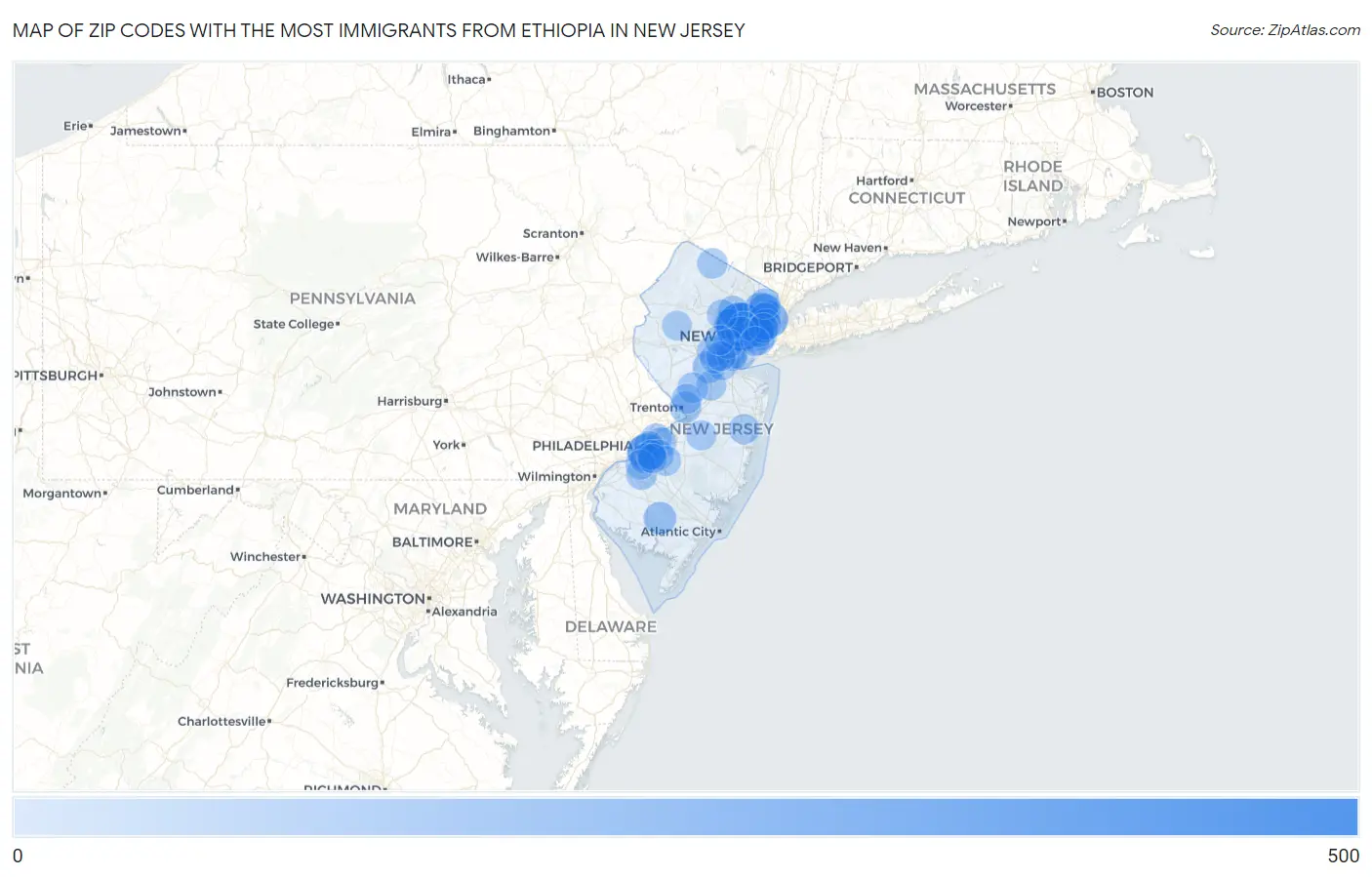 Zip Codes with the Most Immigrants from Ethiopia in New Jersey Map