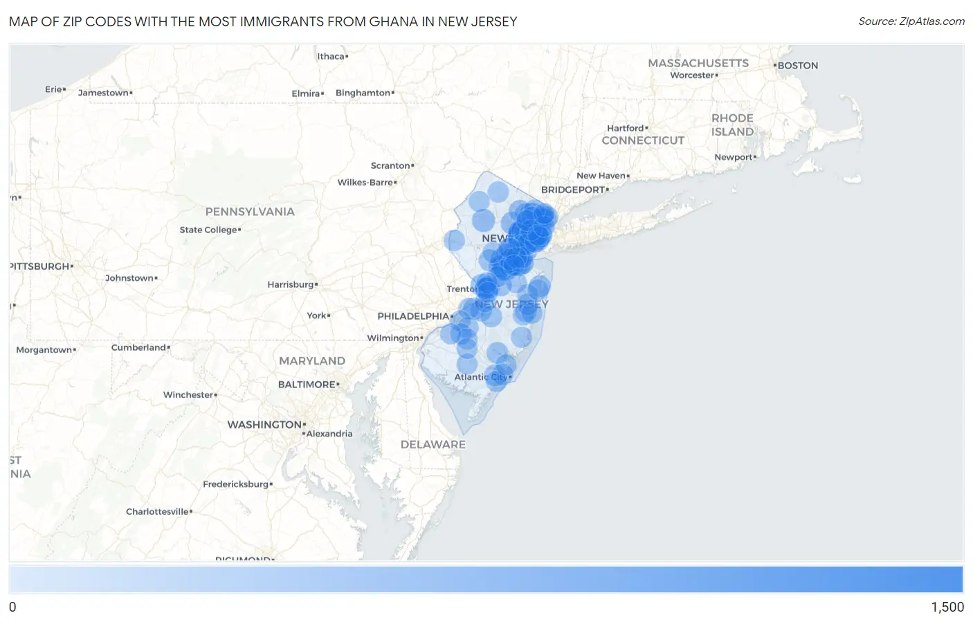 Zip Codes with the Most Immigrants from Ghana in New Jersey Map