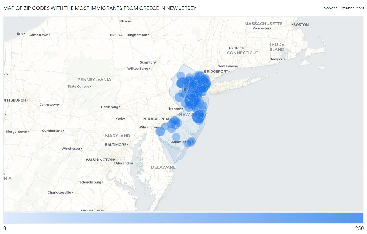 Zip Codes with the Most Immigrants from Greece in New Jersey Map