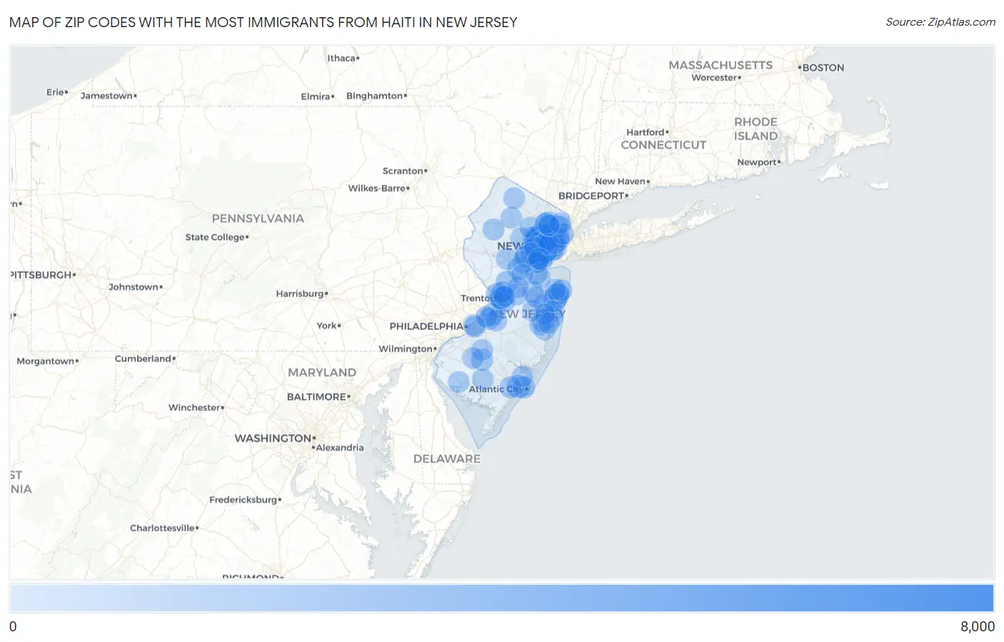 Zip Codes with the Most Immigrants from Haiti in New Jersey Map