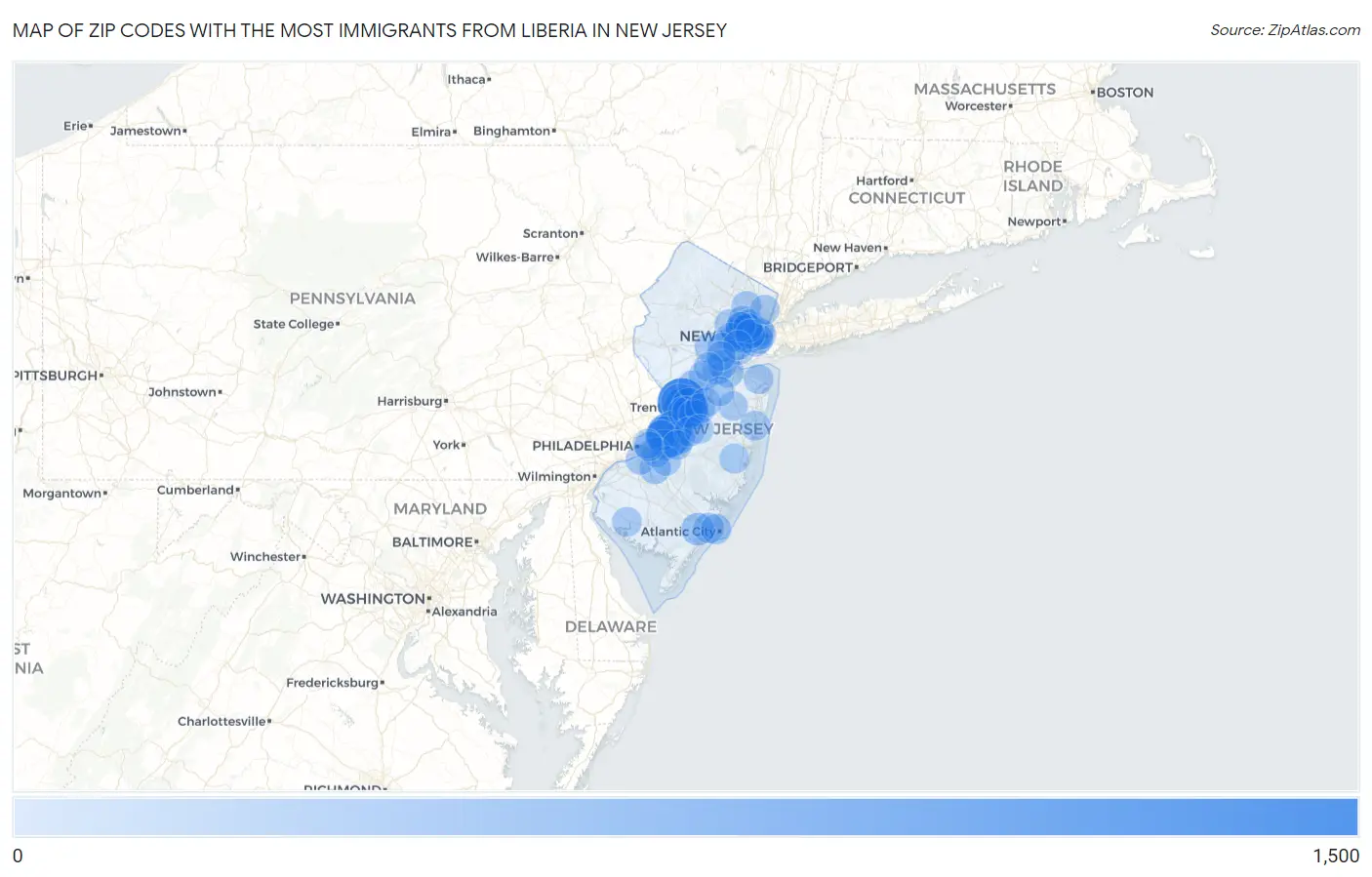 Zip Codes with the Most Immigrants from Liberia in New Jersey Map