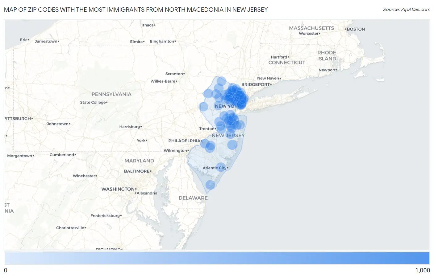 Zip Codes with the Most Immigrants from North Macedonia in New Jersey Map