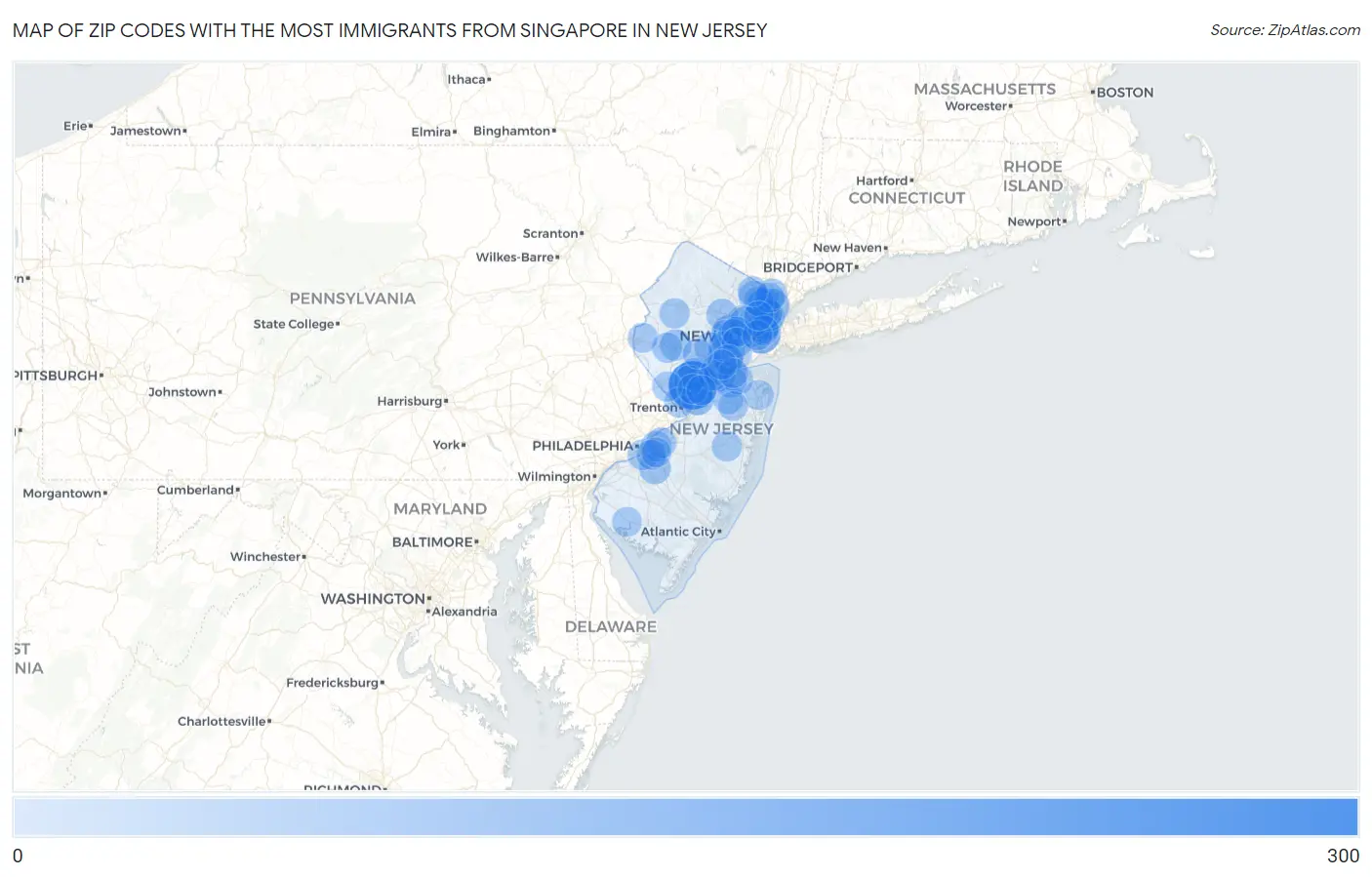 Zip Codes with the Most Immigrants from Singapore in New Jersey Map