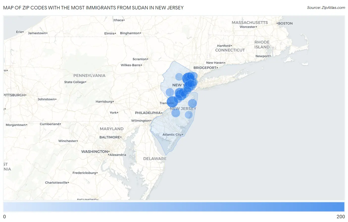 Zip Codes with the Most Immigrants from Sudan in New Jersey Map